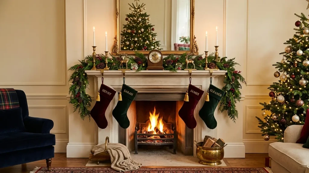 Fireplace mantel decorated with cedar garlands, brass candle holders, velvet stockings, and elegant Christmas living room decor.