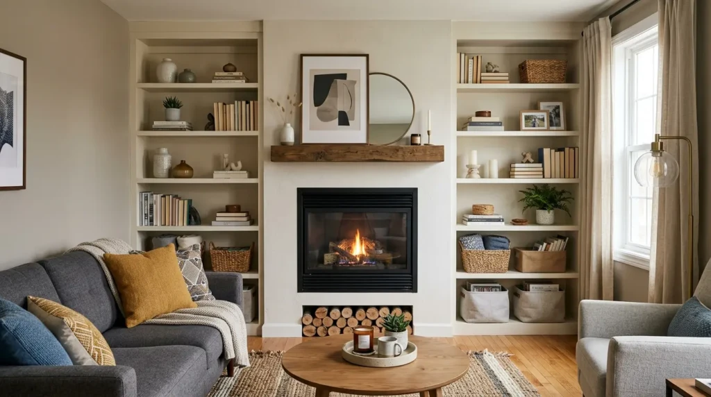 small living room with built in shelves around fireplace for storage and style