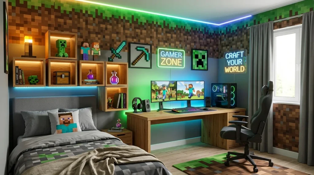 Stylish gaming bedroom with pixel-inspired green and brown wall design.