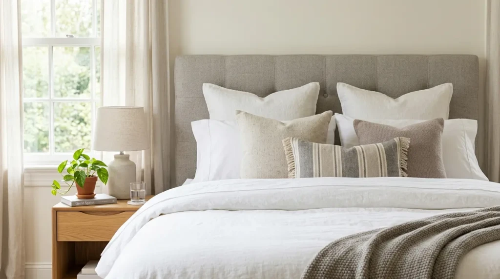 modern guest bedroom bed with upholstered headboard, layered pillows and soft bedding