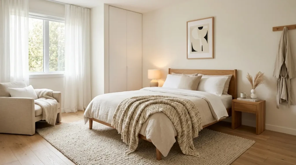 minimalist guest bedroom with soft textures, neutral tones, and cozy warm decor