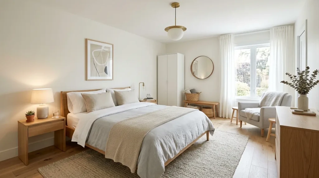 modern guest bedroom with neutral colors, minimalist decor, cozy bed and clean design