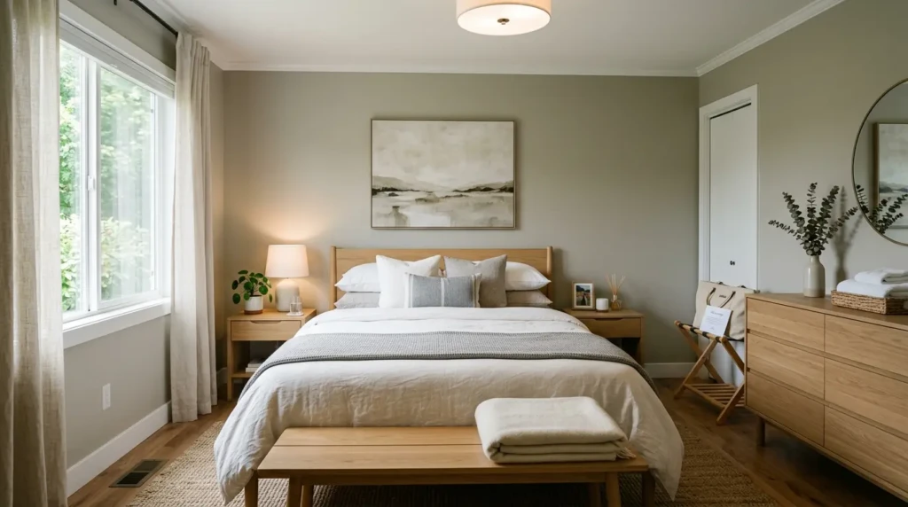 simple modern guest bedroom with extra pillows and adaptable clean design