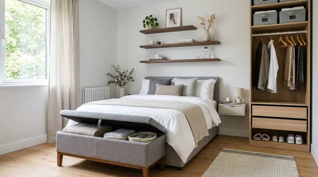 modern guest bedroom with floating shelves, storage bench and organized layout