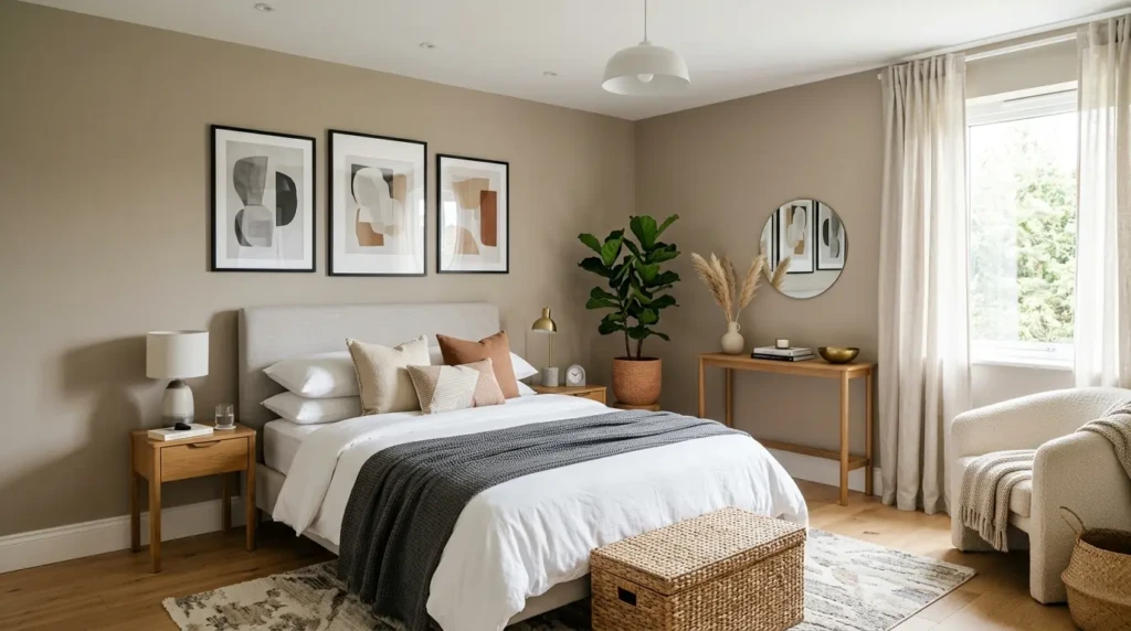 modern guest bedroom with abstract wall art, plants and simple stylish decor
