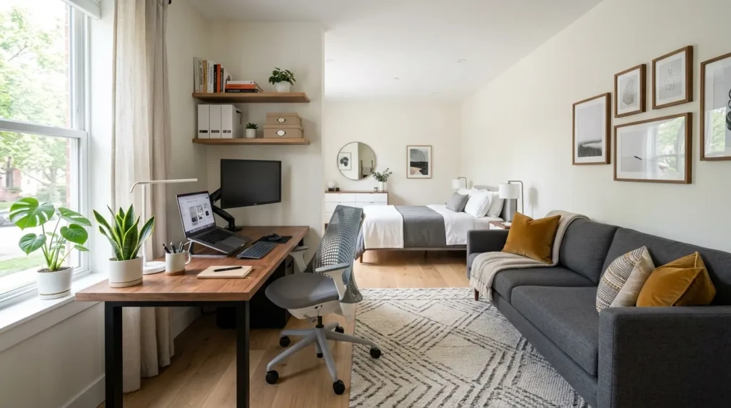 guest bedroom with sofa bed and workspace in a modern dual purpose layout