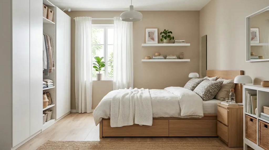 Scandinavian-style IKEA bedroom with white wardrobes, oak accents, and beige walls.