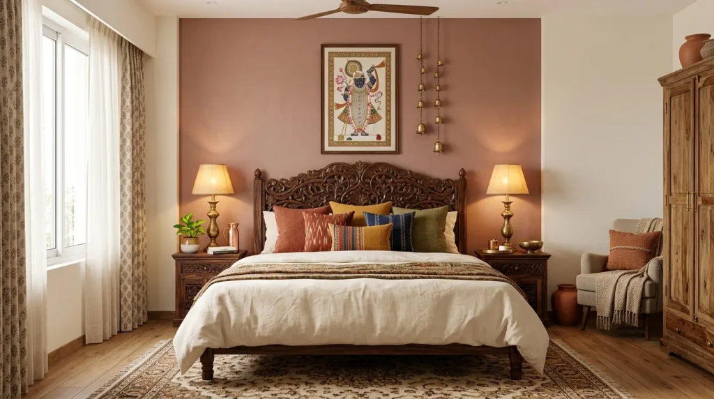 Modern Indian-style bedroom with terracotta wall, carved wooden bed, cream bedding, and brass lamps.