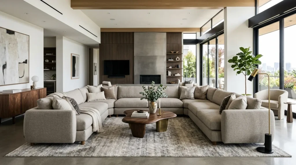 Neutral modular sectional sofa placed centrally in a spacious designer living room.