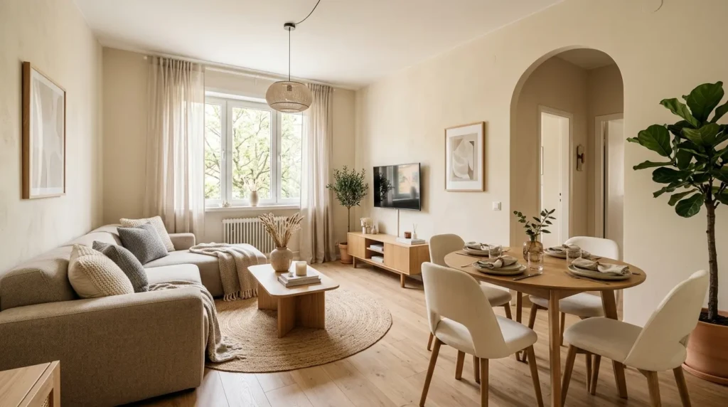 small living room with dining area using cohesive color scheme for seamless design