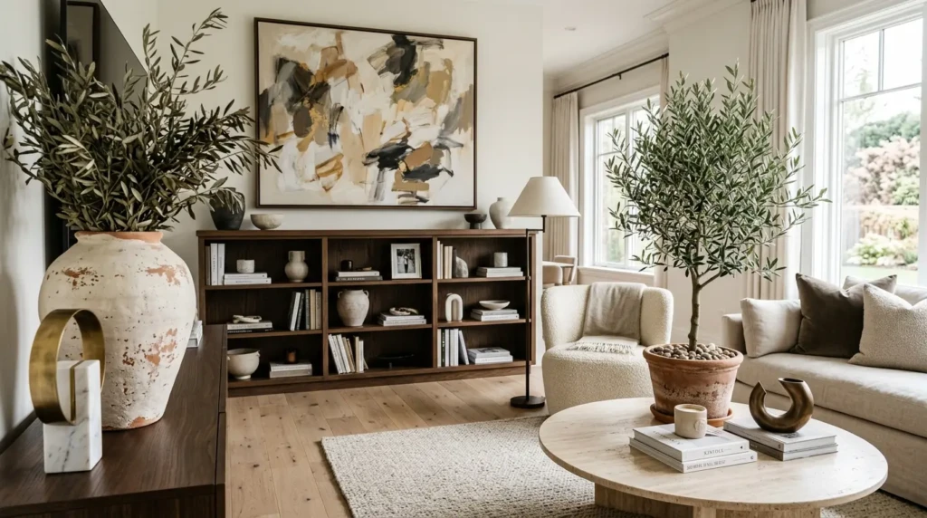 Oversized ceramic vase, styled bookshelf, abstract canvas, and olive tree in a luxury modern space.