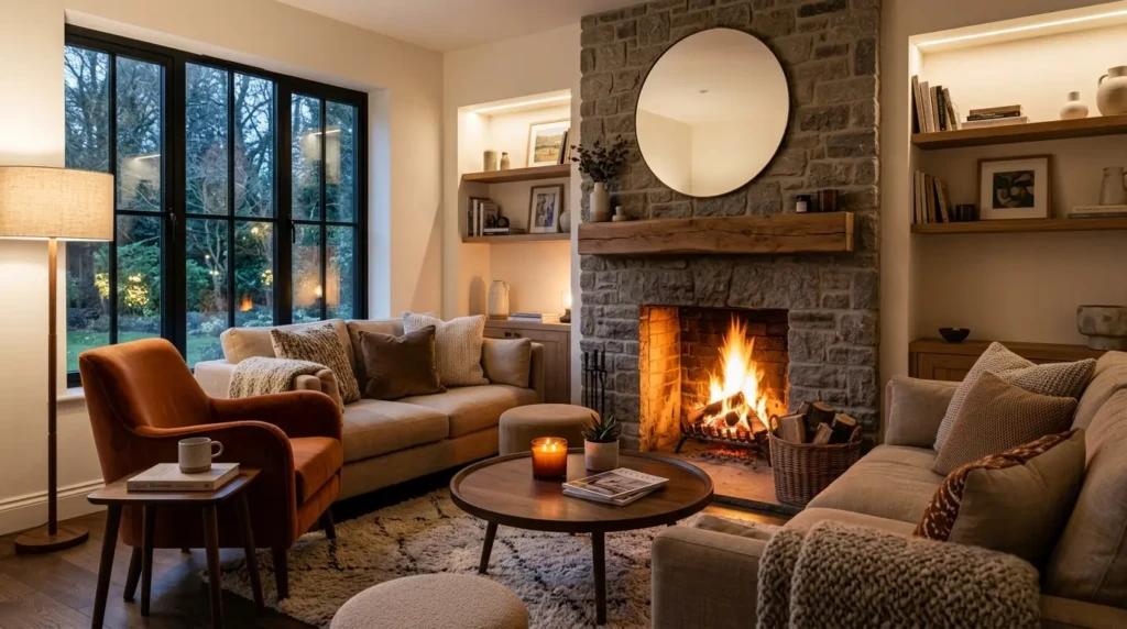 small living room arranged around fireplace creating a warm and inviting space