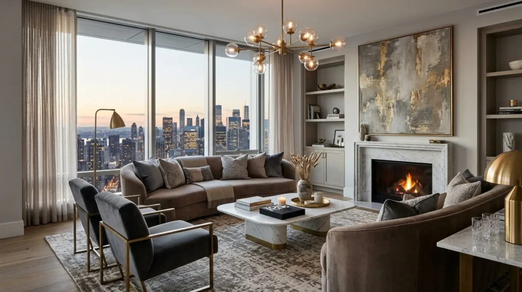 Elegant living room decor with velvet seating, brass lighting, abstract wall art, and layered textures.