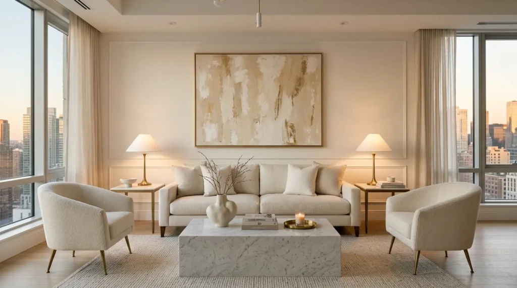 Sophisticated minimalist living room featuring a cream sofa, marble coffee table, brass lamps, and oversized abstract artwork.