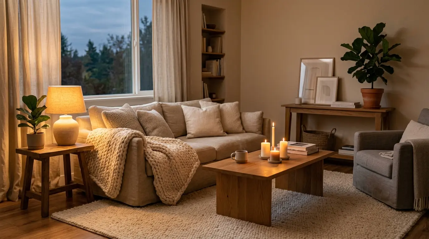 Cozy living room decor with plush cream rug, knit throw blanket, layered cushions, warm lighting, and natural wood textures.