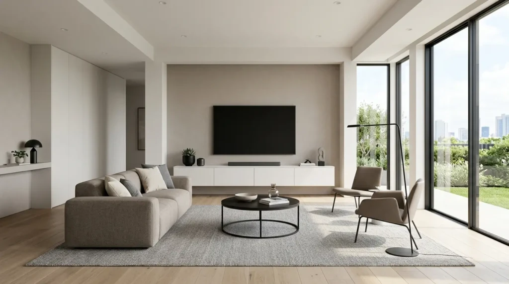 Modern living room decor with a low-profile sofa, floating media unit, black accents, and a neutral taupe color palette.