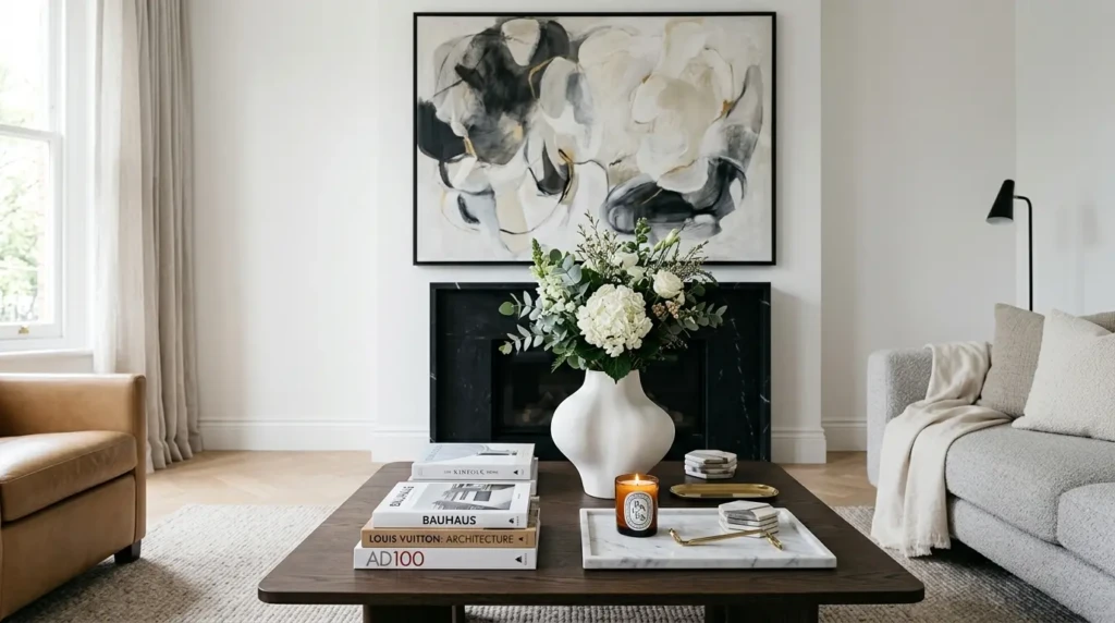 Luxury coffee table styling with designer books, ceramic vase, floral arrangement, and minimal decorative accessories.
