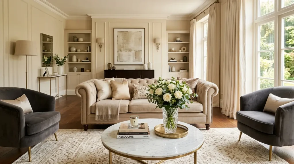 Elegant living room decor with cream walls, tufted sofa, silk cushions, linen curtains, and white roses in a crystal vase.