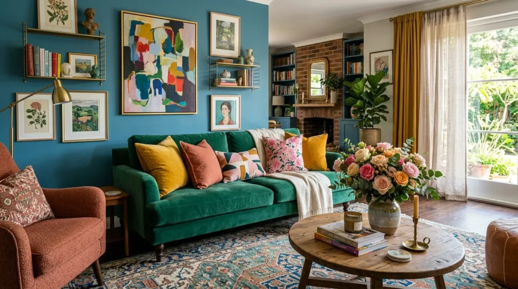 Colourful living room decor with emerald green sofa, bold cushions, artistic wall decor, and pink rose centerpiece on the coffee table.