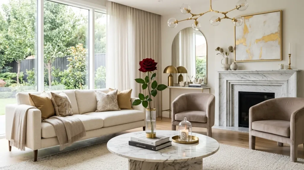 Elegant living room decor with a single rose centerpiece, marble surfaces, gold lighting, soft textures, and modern luxury furniture.