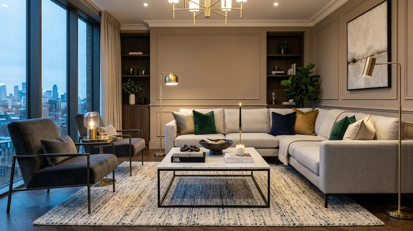 Sophisticated living room decor ideas featuring symmetrical seating, marble center table, layered lighting, and premium accessories.