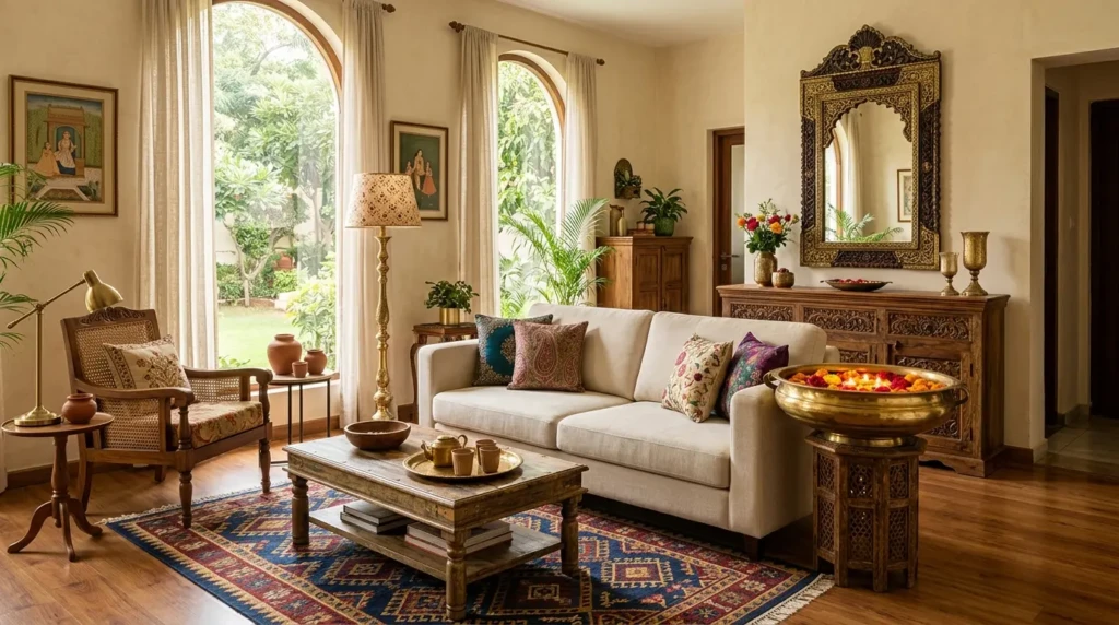 Elegant Indian style living room decor with carved wood furniture, brass bowl, handcrafted mirror, and luxurious neutral seating.