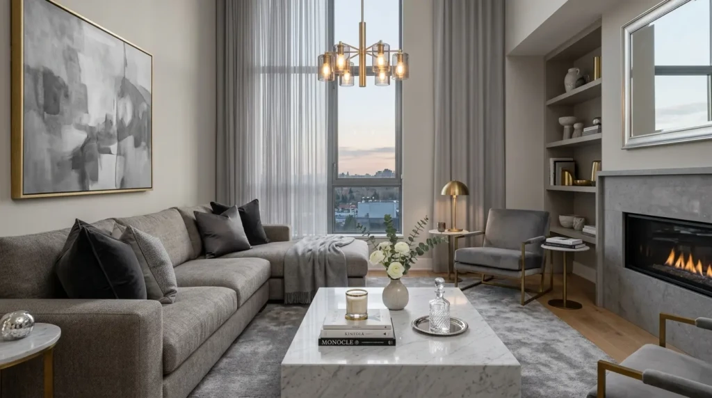 Elegant gray living room decor with warm gray sofa, charcoal cushions, marble coffee table, and brass accents.