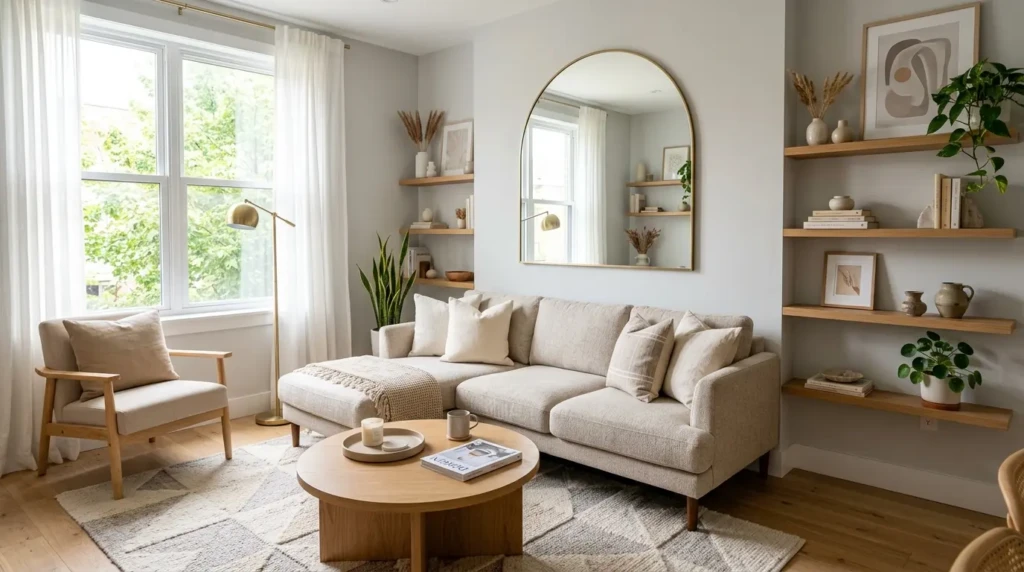 small living room decor ideas featuring mirrors light colors and minimal furniture for spacious lo