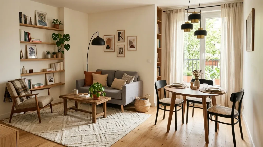 small living room with dining area separated using rug and lighting for clear zones