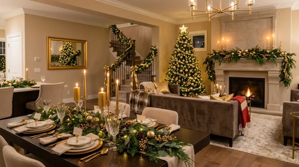 Living room dining room combo decor styled with matching candles, greenery, and coordinated elegant Christmas accents.