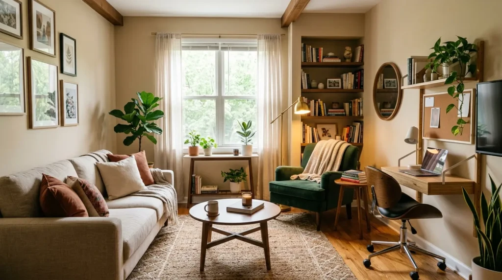 Small living room decor ideas with matching colors in cushions, curtains and accessories