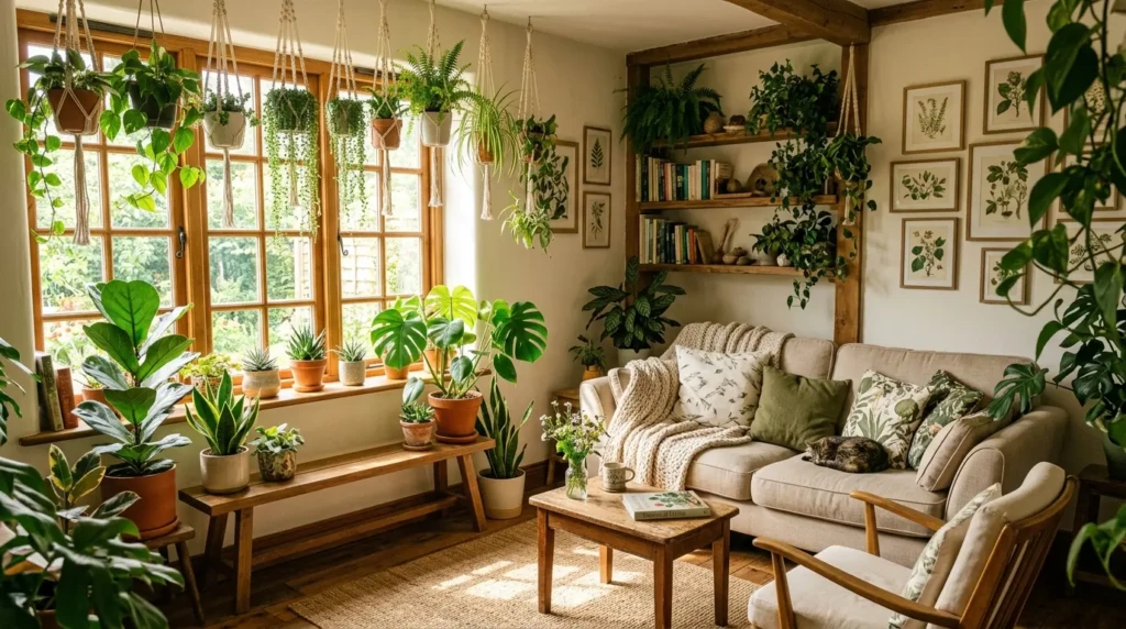 Small living room decor with hanging plants and greenery for fresh and natural look