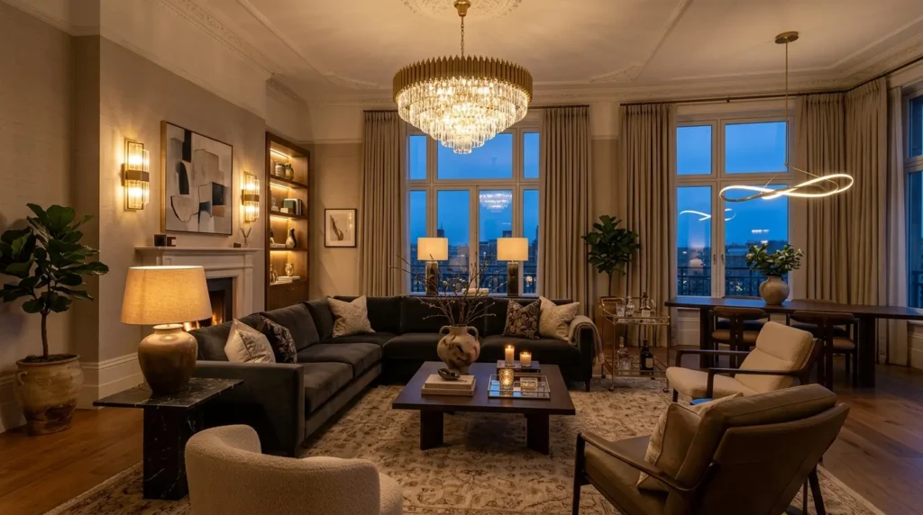 Sophisticated living room with chandelier, warm table lamps, wall sconces, and soft ambient evening lighting.