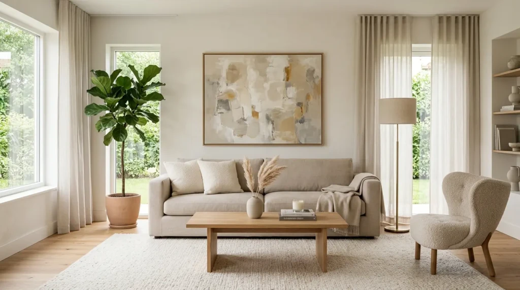 Elegant minimalist living room with beige sofa, oak coffee table, abstract wall art, sheer curtains, and soft natural daylight.