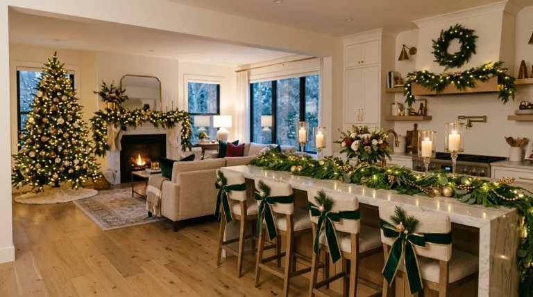 Open living room and kitchen decorated with matching Christmas garlands, candles, ribbons, and cohesive festive styling.