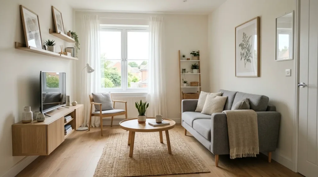 Small living room decor with minimal furniture and clean organized layout for better space usage