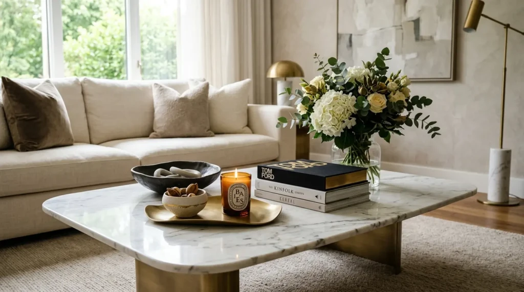 White marble center table styled with books, candles, flowers, and sculptural accessories.