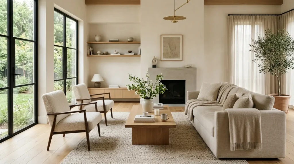 Open and airy elegant minimalist living room with neutral furniture, layered textures, and calming natural light.