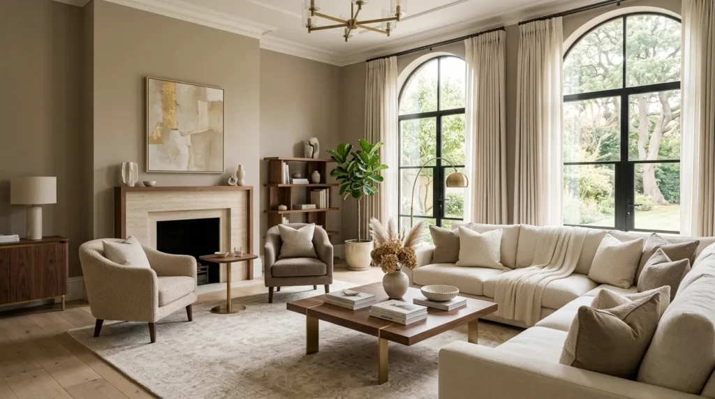 Luxury living room in beige, ivory, and taupe tones with walnut wood accents and brushed brass decor details.