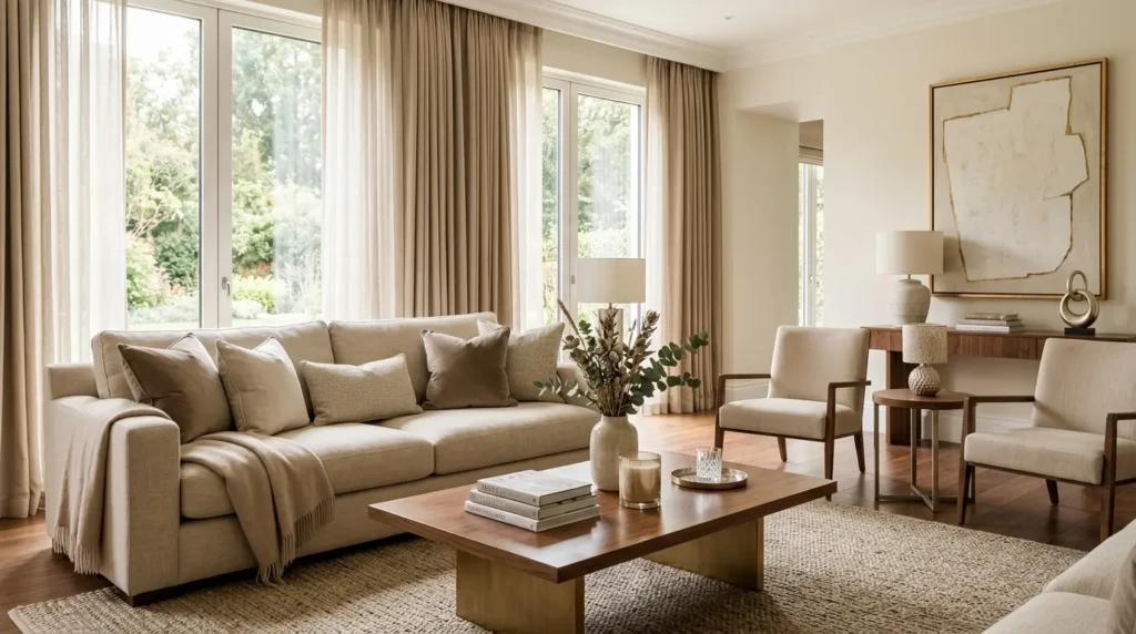 Warm neutral living room decor colors with ivory walls, beige sofa, walnut wood accents, and soft premium styling.