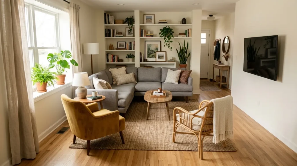 Small living room decor ideas showing improved layout by rearranging furniture for better space