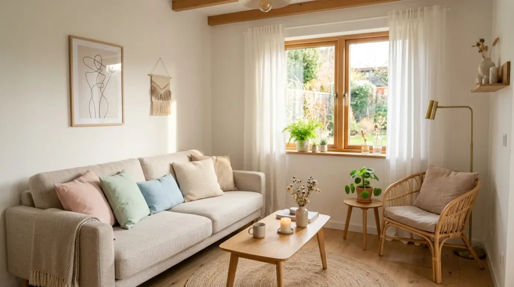 small living room decorated in white and beige tones creating a bright and airy feel