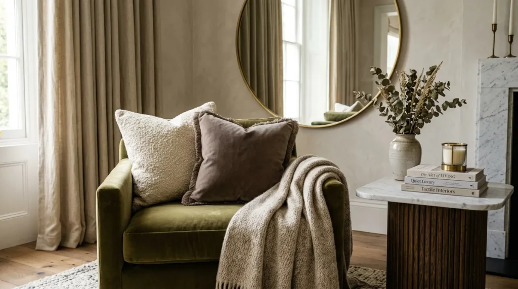 Close-up of velvet cushions, boucle pillows, woven throws, marble surfaces, and long curtains in an elegant apartment.