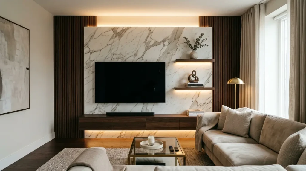 modern luxury tv wall decor in small living room with marble panel floating shelves and ambient lighting
