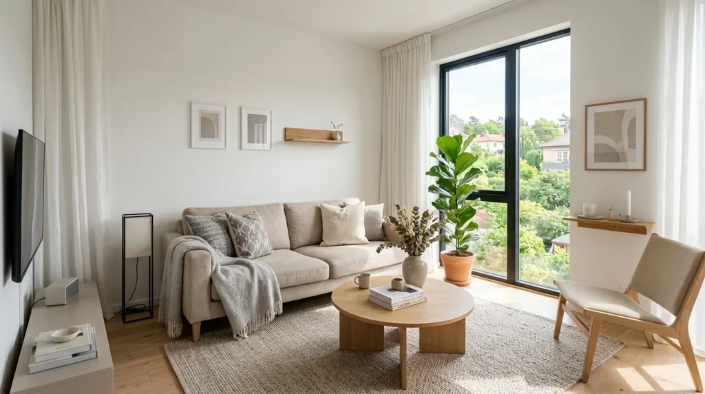 Small living room decor with light neutral colors, beige sofa and bright airy interior design