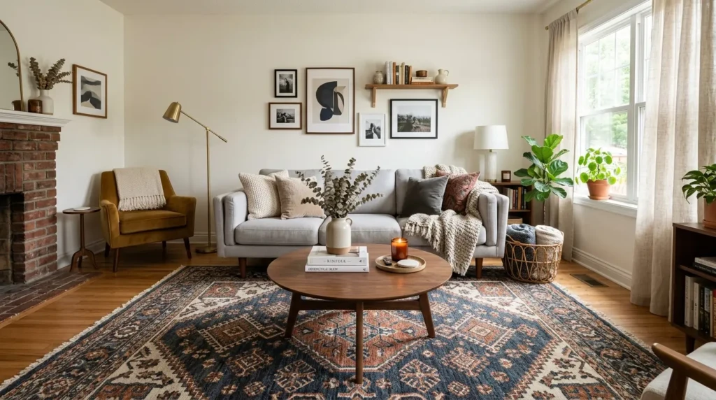 Small living room decor ideas featuring sofa bed and storage ottoman in compact space