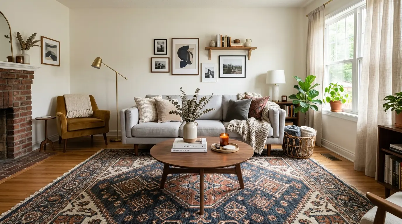 Small living room decor ideas featuring sofa bed and storage ottoman in compact space