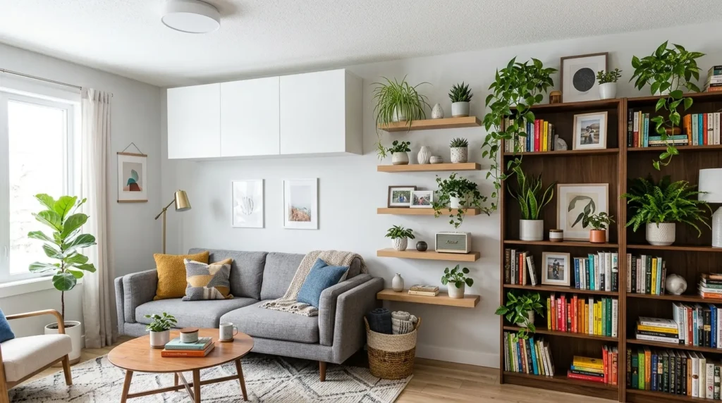 Small living room decor ideas with slim sofa and space-saving furniture layout