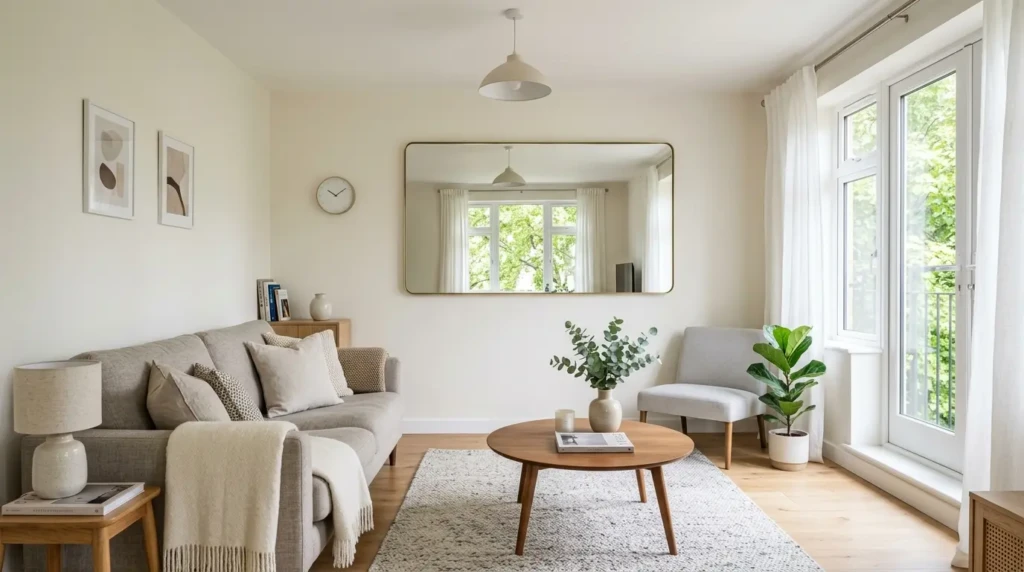 Small living room decor with sheer curtains allowing natural sunlight into bright space