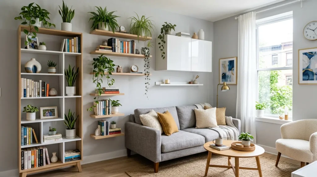 Small living room decor ideas with separate seating and reading zones in compact layout